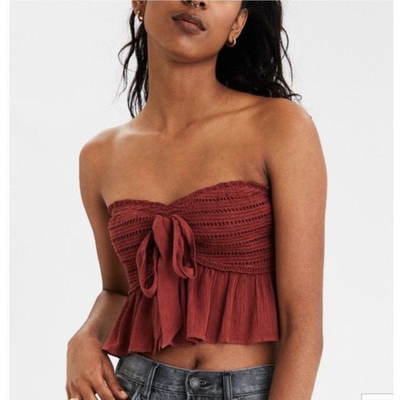 American Eagle Crochet Front Tie Lightweight Viscose Crop Top Women's Sz Medium - Picture 1 of 12